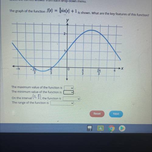 Select the correct answer from each drop-down menu.

The graph of the function (5) = sin(s) + 1 is