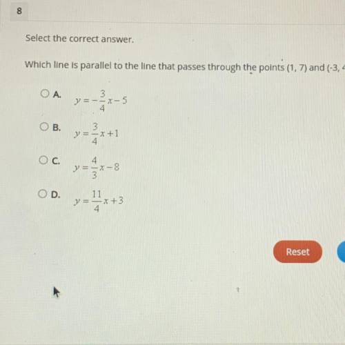 Select the correct answer.

Which line is parallel to the line that passes through the points (1,7