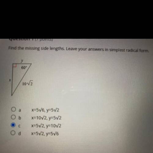 Find the missing side lengths. Leave your answers in simplest radical form.
 

y
60°
X
10√2
x=5√6,