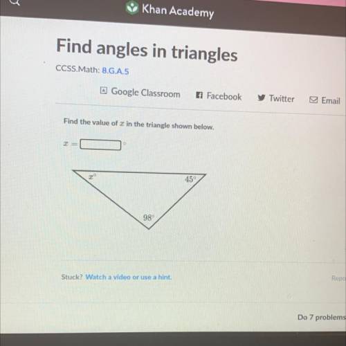 Find the value of x in the triangle shown below.
=
2
45°
98