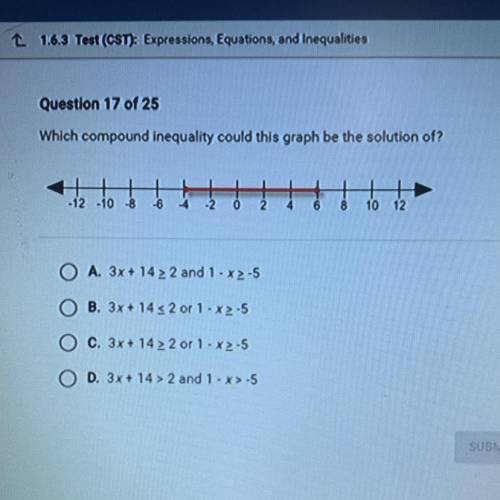 Which compound inequality could this graph be the solution of?

-12 -10 -8
-6
-4
- 2
0
6
8
10
12
A