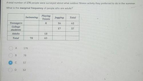 Question 1 A total number of 176 people were surveyed about what outdoor fitness activity they pref
