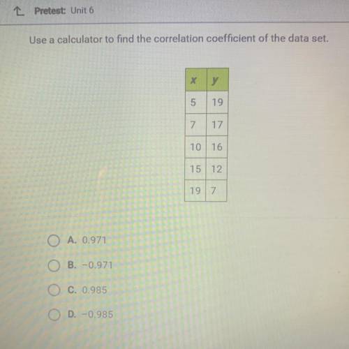 Use a calculator to find the correlation coefficient of the data set.

 
X
у
5
19
7
17
10 16
15
12