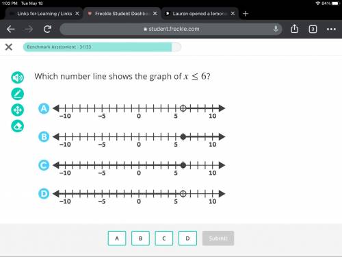 Which number line shows the graph of x≤6
?