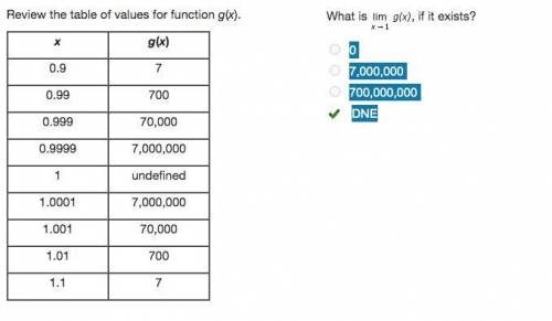 What is Limit of g (x) as x approaches 1, if it exists?
0
7,000,000
700,000,000
DNE