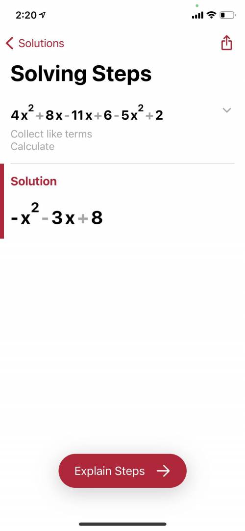 Simplify4x^2+8x-11x+6-5x^2+2​