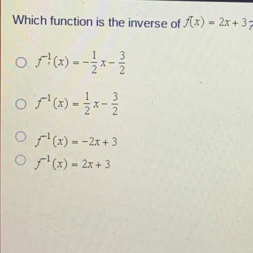 Which function is the inverse of f(x) = 2x + 3?

I have a lot of hw to do so I’ll be here a lot I