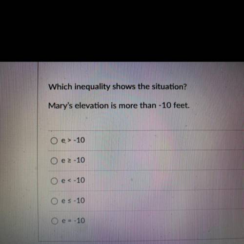 Which inequality shows the situation?
Mary's elevation is more than - 10 feet.