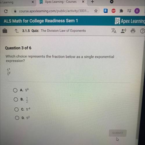 Which choice represents the fraction below as a single exponential-
expression?