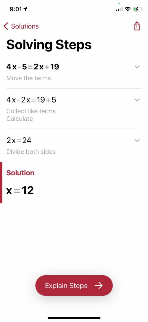 How to solve 4x - 5 = 2x + 19?