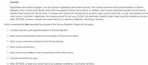 Which characteristics best describe the consuls of the Roman Republic? Select all that apply.