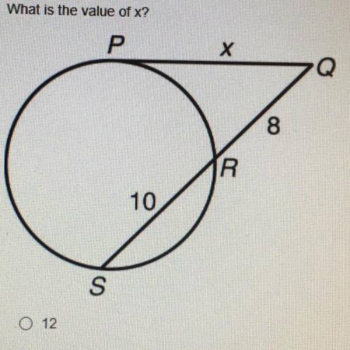 What is the value of x?
- 12
- square root of 18
- square root of 80