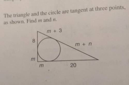 - The triangle and the circle are tangent at three points, as shown. Find m and n. ​