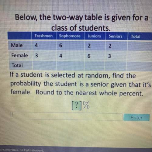 Please help will give brainliest

Below, the two-way table is given for a
class of students.
Sopho
