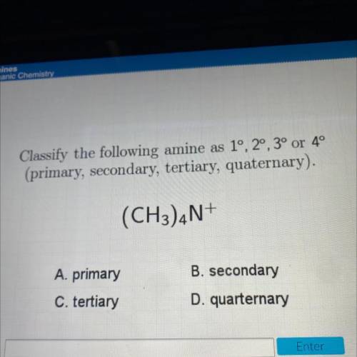 Classify the following amine as 1º, 2º, 3º or 4°

(primary, secondary, tertiary, quaternary).
(CH3