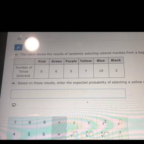 PLEASE HELP!!! This table shows the results of randomly selecting colored marbles from a bag 30 tim