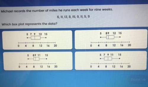 Micheal records the number of miles he runs each week for nine weeks.

6,11,13,8,15,9,11,5,9
Which