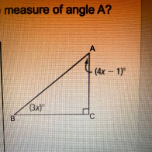 Look at the triangle on the right. What is the measure of Angle A? Show your work plz. Thank you I