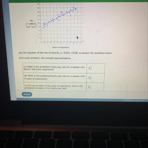 The scatter plot shows the numbers of years of experience, x, and the hourly pay rate, y, for each