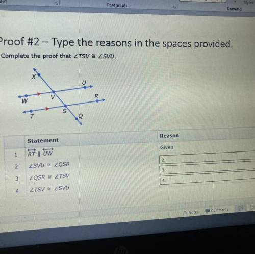 Type rhe reasons in the provided space complete the proof that angle tsv is congruent to angle svu