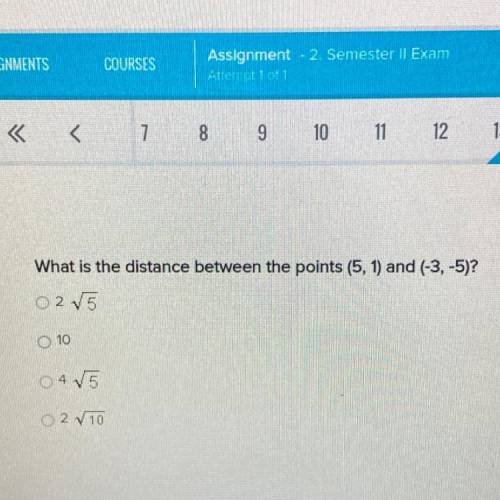 What is the distance between the points (5, 1) and (-3,-5)?