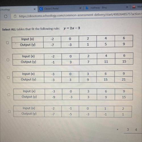 Select ALL tables that fit the following rule: y = 2x - 3

-2
0
2
4
6
Input (x)
Output (y)
-7
-3
1