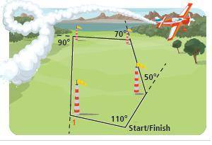 An airplane is navigating a​ polygon-shaped course. Each turn is labeled with the measure of the ex