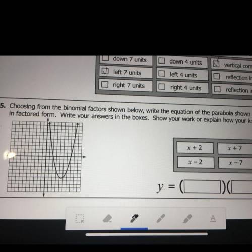 Choosing from the binomial factors shown below, write the equation of the parabola shown to the lef