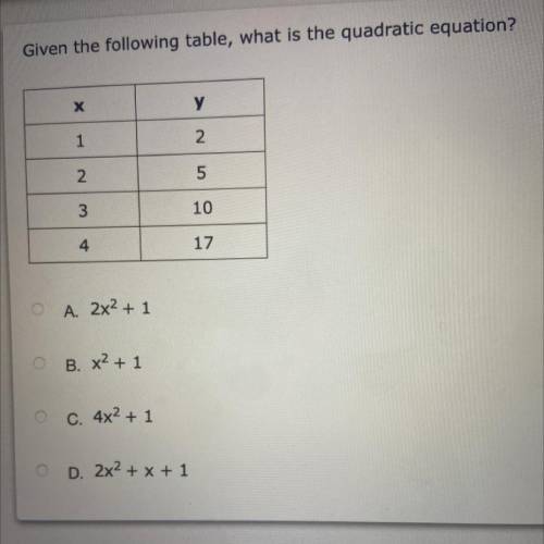 Helpp

Given the following table, what is the quadratic equation?
х
у
1
2
2.
5
3
10
4
17
A. 2x2 +