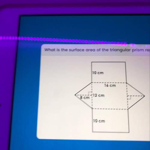 What is the surface area of the triangular prism

10 cm
16 cm
1
1
12 cm
8 cm
10 cm