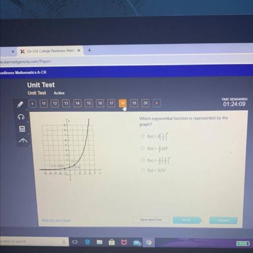 Which exponential function is represented by the

graph?
9
90
-7
8
ch
O f(x) = 2( 3 )
f(x) = {(2)