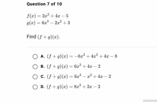 F(x) =X+4
g(x) = 3x² -7
Find (f-g) (x)
Algebra 2 sem 1