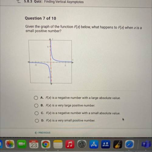 Given the graph of the function F(x) below, what happens to F(x) when x is a

small positive numbe