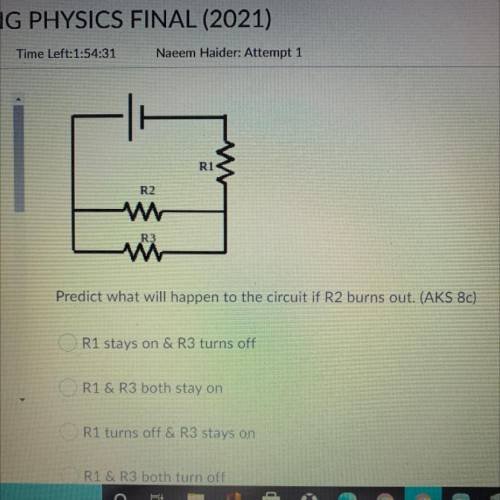 3

RI
R2
6
R3
9
Predict what will happen to the circuit if R2 burns out. (AKS 80)
12
R1 stays on &