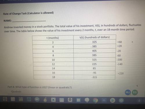 Andrew invested money in a stock portfolio. The total value of his investment , v(t) in hundreds of