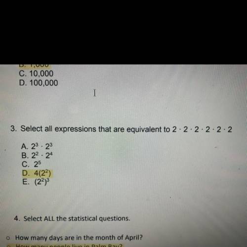 Select all expressions that are equivalent to 2 x 2 x 2 x 2 x 2 x 2