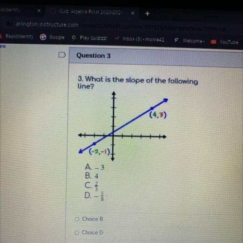 3. What is the slope of the following
line?
(4,3)
112,-1)]
A. - 3
B. 4