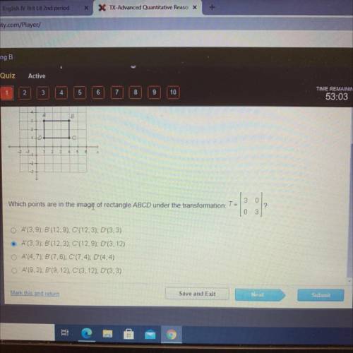 B

0
3
0
Which points are in the image of rectangle ABCD under the transformation: T=
03
O A'(3.9)