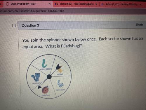 You spin the spinner shown below once. each sector shown has an equal area. what is P(ladybug)