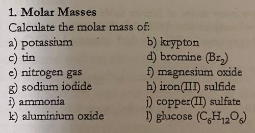 Calculate the molar masses of the following: