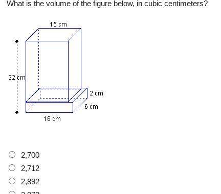 What is the volume of the figure below, in cubic centimeters?

2 rectangular prisms. One prism has