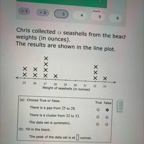 Х

25
26
32
27 28 29 30 31
Weight of seashells (in ounces)
33
(a) Choose True or False.
True False