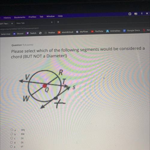 Please select which of the following segments would be considered a
chord (BUT NOT a Diameter!)