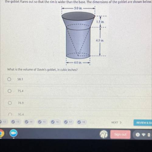 The goblet flares out so that the rim is wider than the base. The dimensions of the goblet are show