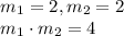 m_1 = 2, m_2 = 2 \\m_1 \cdot m_2 = 4