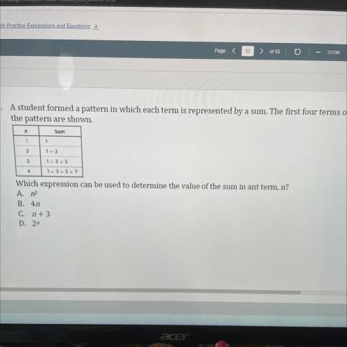 A student formed a pattern in which each term is represented by a sum. The first four terms of the