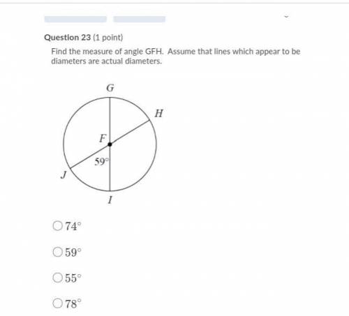 Find the measure of angle GFH. Assume that lines which appear to be diameters are actual diameters.
