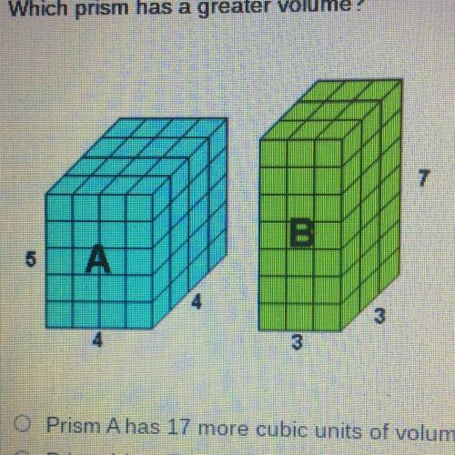 Which prism has a greater volume?

O Prism Ahas 17 more cubic units volume than prism B.
O Prism A