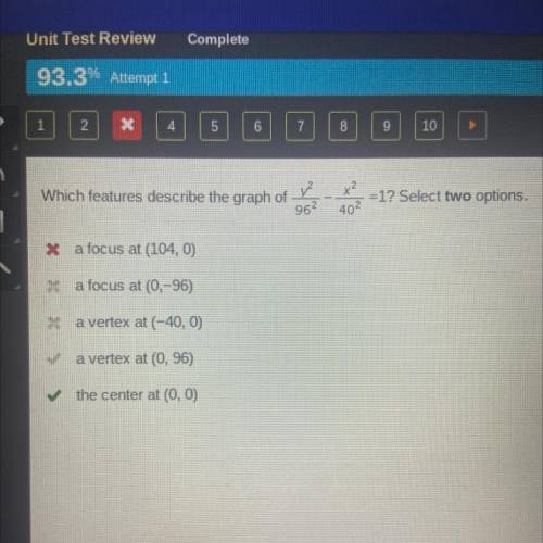 Which features describe the graph of y^2/96^2 - x^2/40^2 = 1? select two options

◽️a focus at (10