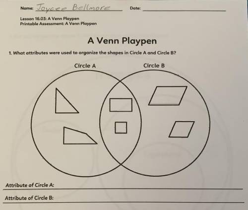 What attributes were used to organize the shapes in Circle A and Circle B?

I need a answer ASAP!